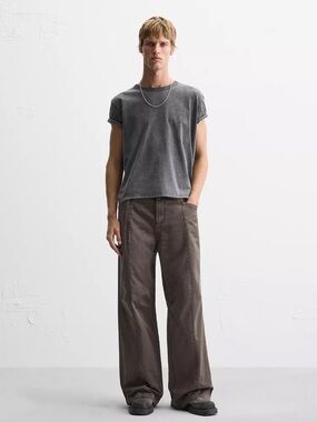 Zara Stitched Washed-Effect Trousers Wide Leg Brown Utility Pants 30